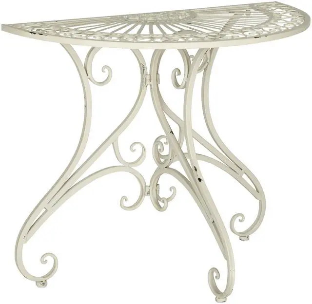 Main image of Outdoor - Annalise Half-Moon Accent Table - Antique White Iron Metal - Vintage Baroque Scrollwork - Ideal for Patio, Deck, Porch, Garden, 35.5" W x 18.5" D x 29" H (PAT5008A)