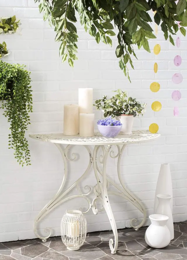 Alt view image 2 of 4 - Outdoor - Annalise Half-Moon Accent Table - Antique White Iron Metal - Vintage Baroque Scrollwork - Ideal for Patio, Deck, Porch, Garden, 35.5" W x 18.5" D x 29" H (PAT5008A)