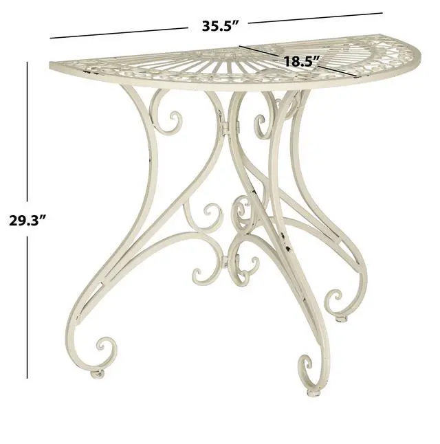 Alt view image 3 of 4 - Outdoor - Annalise Half-Moon Accent Table - Antique White Iron Metal - Vintage Baroque Scrollwork - Ideal for Patio, Deck, Porch, Garden, 35.5" W x 18.5" D x 29" H (PAT5008A)