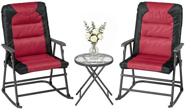 Main image of 3 Piece Outdoor Patio Furniture Set with Glass Coffee Table & 2 Folding Padded Rocking Chairs, Bistro Style for Porch, Camping, Balcony, Red
