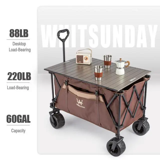 Alt view image 3 of 6 - Beach Wagon Cart, 440Lbs Heavy Duty Folding Wagon with All Terrian Wheel, Collapsible Utility Camping Park Wagon Cart with Aluminum Tabletop