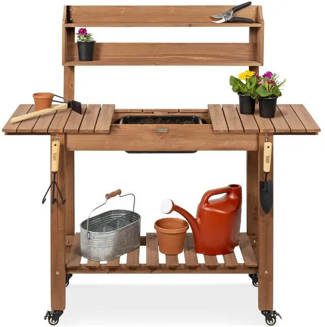 Main image of Mobile Garden Potting Bench, Outdoor Wood Workstation Table w/Sliding Tabletop, 4 Locking Wheels, Food Grade Dry Sink, Storage Shelves - Brown