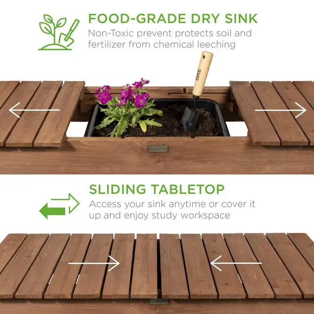 Alt view image 2 of 6 - Mobile Garden Potting Bench, Outdoor Wood Workstation Table w/Sliding Tabletop, 4 Locking Wheels, Food Grade Dry Sink, Storage Shelves - Brown