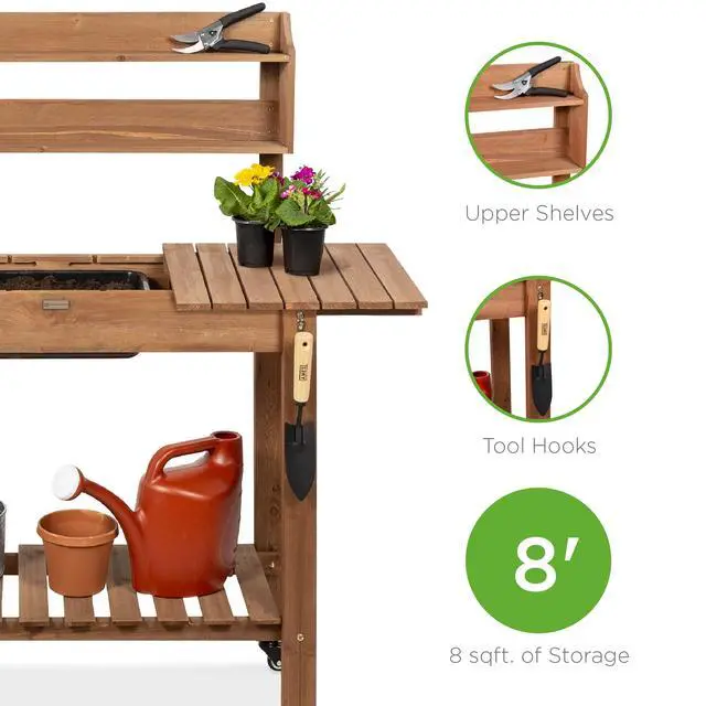 Alt view image 3 of 6 - Mobile Garden Potting Bench, Outdoor Wood Workstation Table w/Sliding Tabletop, 4 Locking Wheels, Food Grade Dry Sink, Storage Shelves - Brown