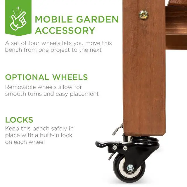 Alt view image 4 of 6 - Mobile Garden Potting Bench, Outdoor Wood Workstation Table w/Sliding Tabletop, 4 Locking Wheels, Food Grade Dry Sink, Storage Shelves - Brown