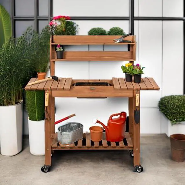 Alt view image 5 of 6 - Mobile Garden Potting Bench, Outdoor Wood Workstation Table w/Sliding Tabletop, 4 Locking Wheels, Food Grade Dry Sink, Storage Shelves - Brown