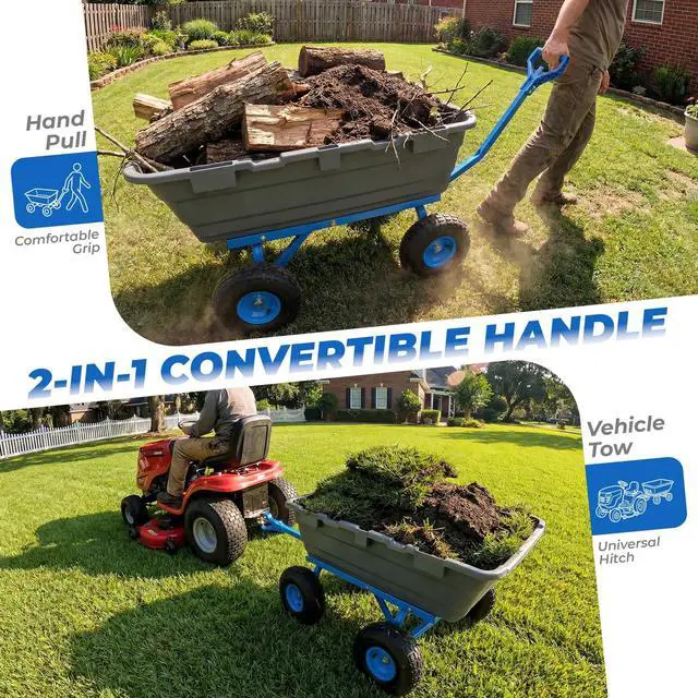 Alt view image 6 of 6 - 1400lbs Garden Dump Cart for Lawn & Landscaping, Towable Utility Wagon with Quick-Release Dumping, 10" All-Terrain Tires, Gray