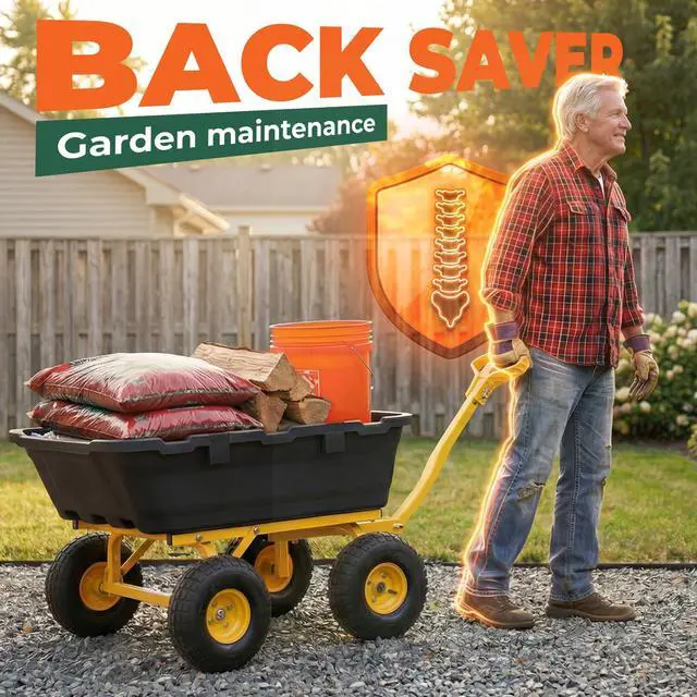 Alt view image 3 of 6 - 1400lbs Garden Dump Cart for Lawn & Landscaping, Towable Utility Wagon with Quick-Release Dumping, 10" All-Terrain Tires, Black
