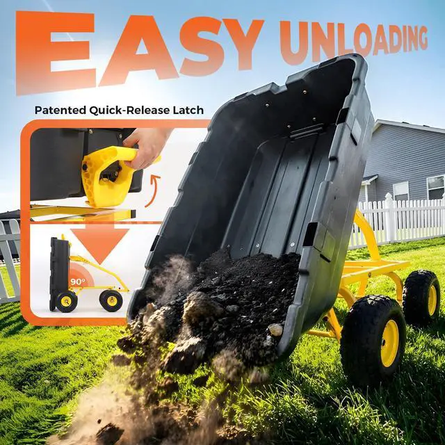 Alt view image 4 of 6 - 1400lbs Garden Dump Cart for Lawn & Landscaping, Towable Utility Wagon with Quick-Release Dumping, 10" All-Terrain Tires, Black
