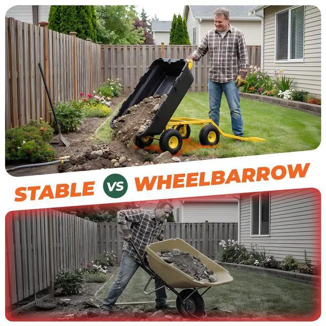 Alt view image 5 of 6 - 1400lbs Garden Dump Cart for Lawn & Landscaping, Towable Utility Wagon with Quick-Release Dumping, 10" All-Terrain Tires, Black