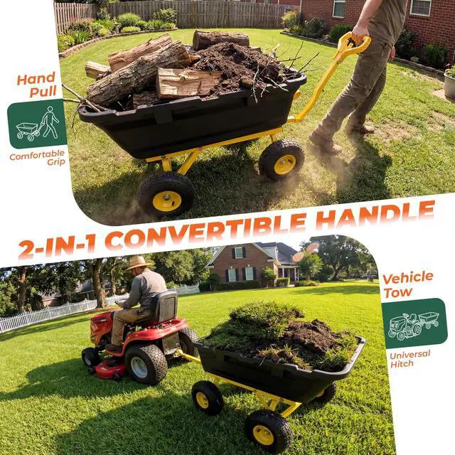 Alt view image 6 of 6 - 1400lbs Garden Dump Cart for Lawn & Landscaping, Towable Utility Wagon with Quick-Release Dumping, 10" All-Terrain Tires, Black