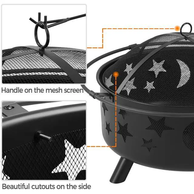 Alt view image 4 of 6 - Fire Pit 30in Fire Pits for Outside Wood Burning Outdoor Fireplace with Spark Screen, Poker for Bonfire Patio Backyard Garden Picnic