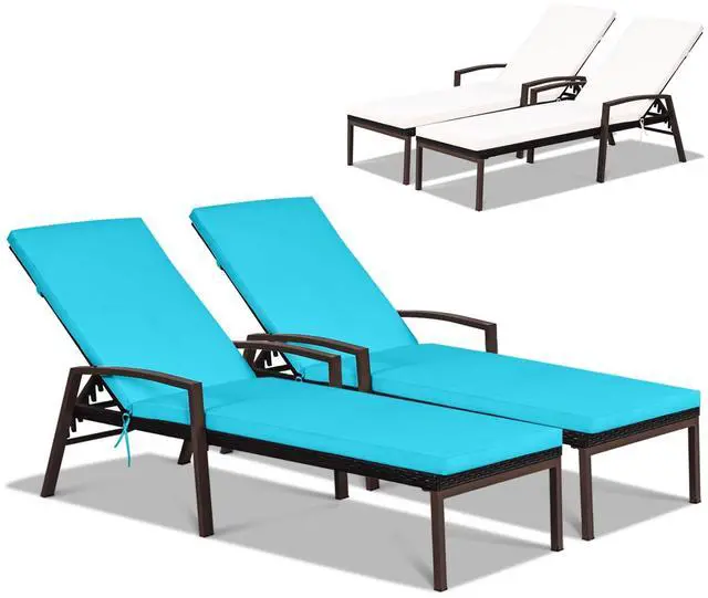 Main image of Set of 2 Patio Rattan Chaise Lounge Chair, Outdoor Reclining Chaise with Cushion and Armrest, 2 Cushion Cover Sets, Wicker Sun Lounger with Adjustable Backrest for Garden (Turquoise & White)