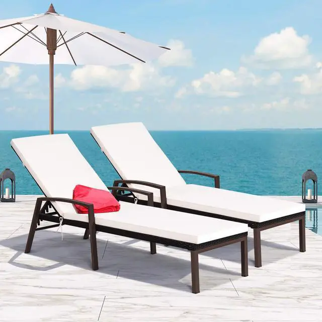 Alt view image 2 of 6 - Set of 2 Patio Rattan Chaise Lounge Chair, Outdoor Reclining Chaise with Cushion and Armrest, 2 Cushion Cover Sets, Wicker Sun Lounger with Adjustable Backrest for Garden (Turquoise & White)
