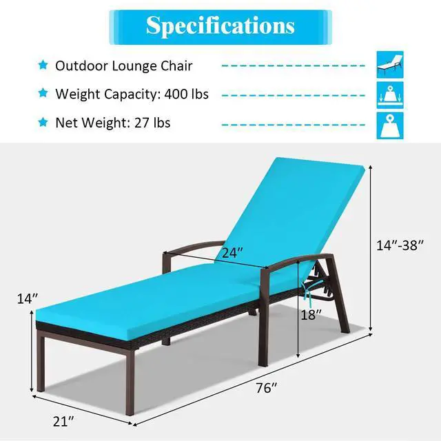 Alt view image 3 of 6 - Set of 2 Patio Rattan Chaise Lounge Chair, Outdoor Reclining Chaise with Cushion and Armrest, 2 Cushion Cover Sets, Wicker Sun Lounger with Adjustable Backrest for Garden (Turquoise & White)