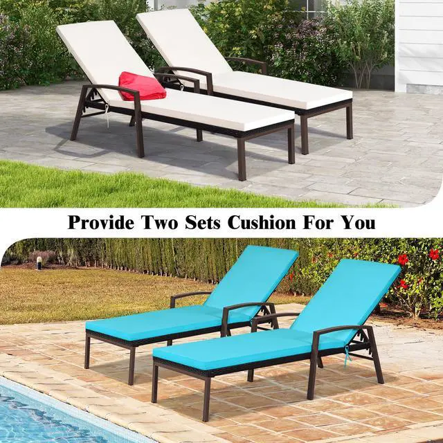 Alt view image 4 of 6 - Set of 2 Patio Rattan Chaise Lounge Chair, Outdoor Reclining Chaise with Cushion and Armrest, 2 Cushion Cover Sets, Wicker Sun Lounger with Adjustable Backrest for Garden (Turquoise & White)