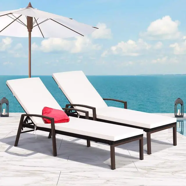 Main image of Set of 2 Patio Furniture Outdoor Rattan Wicker Lounge Chair Set Adjustable Poolside Chaise with Armrest and Removable Cushions