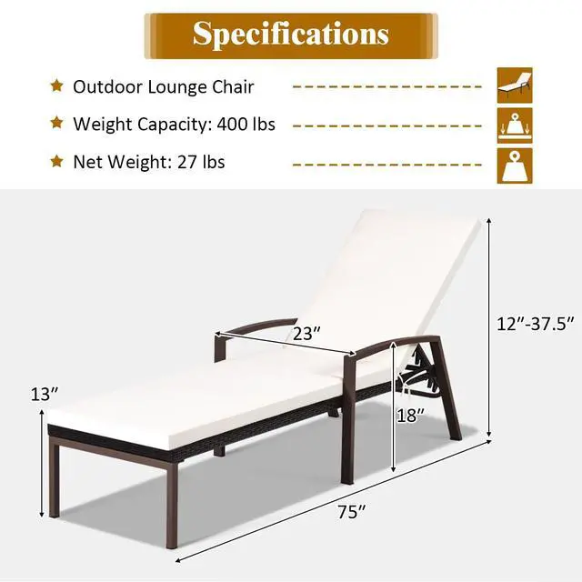 Alt view image 2 of 6 - Set of 2 Patio Furniture Outdoor Rattan Wicker Lounge Chair Set Adjustable Poolside Chaise with Armrest and Removable Cushions