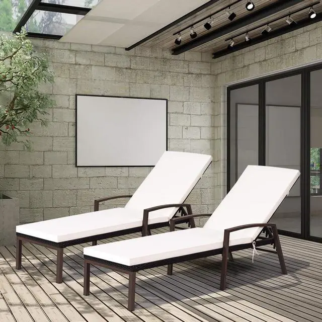 Alt view image 4 of 6 - Set of 2 Patio Furniture Outdoor Rattan Wicker Lounge Chair Set Adjustable Poolside Chaise with Armrest and Removable Cushions