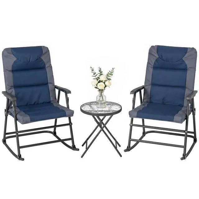 Main image of 3 Piece Outdoor Patio Furniture Set with Glass Coffee Table & 2 Folding Padded Rocking Chairs, Bistro Style for Porch, Camping, Balcony, Navy Blue