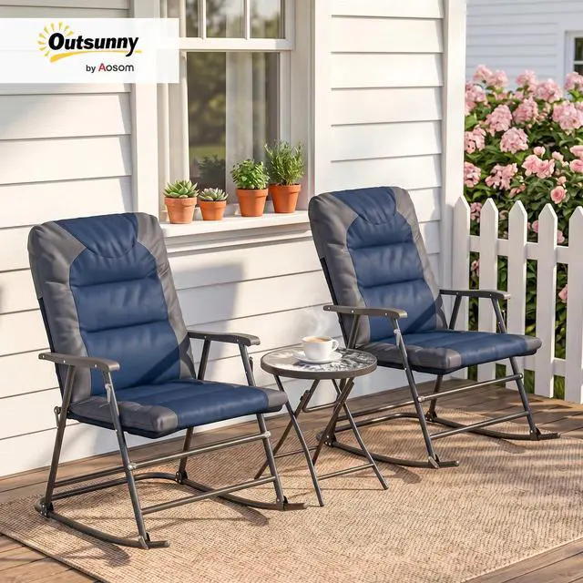 Alt view image 2 of 6 - 3 Piece Outdoor Patio Furniture Set with Glass Coffee Table & 2 Folding Padded Rocking Chairs, Bistro Style for Porch, Camping, Balcony, Navy Blue