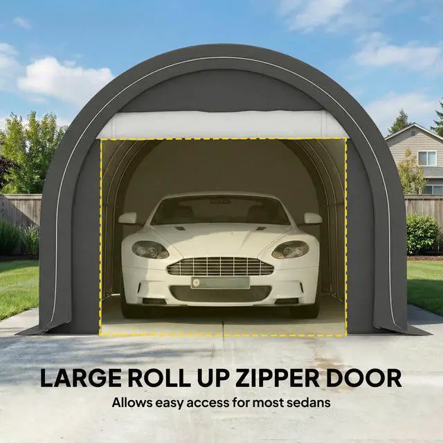 Alt view image 4 of 6 - 10' x 16' Carport, Heavy Duty Portable Garage Storage Tent with Large Zippered Door, Anti-UV PE Canopy Cover for Car, Truck, Boat, Motorcycle, Bike, Garden Tools, Outdoor Work, Gray