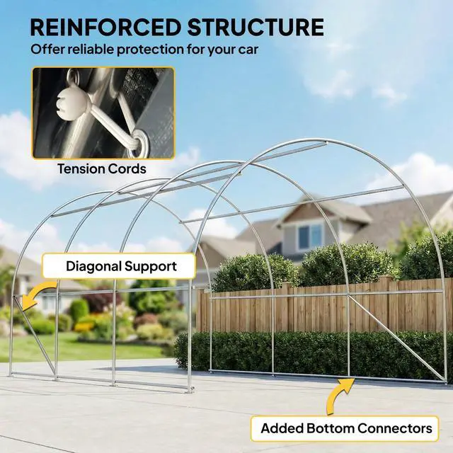 Alt view image 5 of 6 - 10' x 16' Carport, Heavy Duty Portable Garage Storage Tent with Large Zippered Door, Anti-UV PE Canopy Cover for Car, Truck, Boat, Motorcycle, Bike, Garden Tools, Outdoor Work, Gray