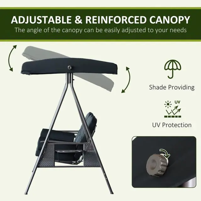 Alt view image 3 of 6 - 3-Seat Patio Swing Chair, Outdoor Porch Swing Glider with Adjustable Canopy, Removable Cushion, Pillows and Side Trays, for Garden, Poolside, Backyard, Black