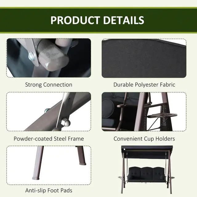 Alt view image 4 of 6 - 3-Seat Patio Swing Chair, Outdoor Porch Swing Glider with Adjustable Canopy, Removable Cushion, Pillows and Side Trays, for Garden, Poolside, Backyard, Black