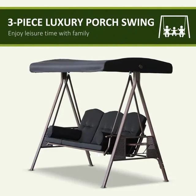 Alt view image 6 of 6 - 3-Seat Patio Swing Chair, Outdoor Porch Swing Glider with Adjustable Canopy, Removable Cushion, Pillows and Side Trays, for Garden, Poolside, Backyard, Black
