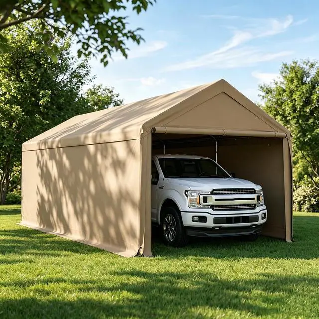 Main image of Carport 10x20 Ft Heavy Duty Canopy Steel Canopy Storage Shed,Portable Garage Party Tent,Portable Garage with Removable Sidewalls & Doors All-Season Tarp for Carport (Beige)