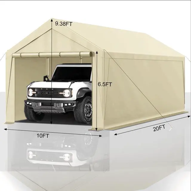 Alt view image 2 of 6 - Carport 10x20 Ft Heavy Duty Canopy Steel Canopy Storage Shed,Portable Garage Party Tent,Portable Garage with Removable Sidewalls & Doors All-Season Tarp for Carport (Beige)
