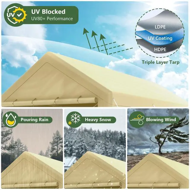 Alt view image 3 of 6 - Carport 10x20 Ft Heavy Duty Canopy Steel Canopy Storage Shed,Portable Garage Party Tent,Portable Garage with Removable Sidewalls & Doors All-Season Tarp for Carport (Beige)