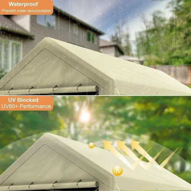 Alt view image 4 of 6 - Carport 10x20 Ft Heavy Duty Canopy Steel Canopy Storage Shed,Portable Garage Party Tent,Portable Garage with Removable Sidewalls & Doors All-Season Tarp for Carport (Beige)
