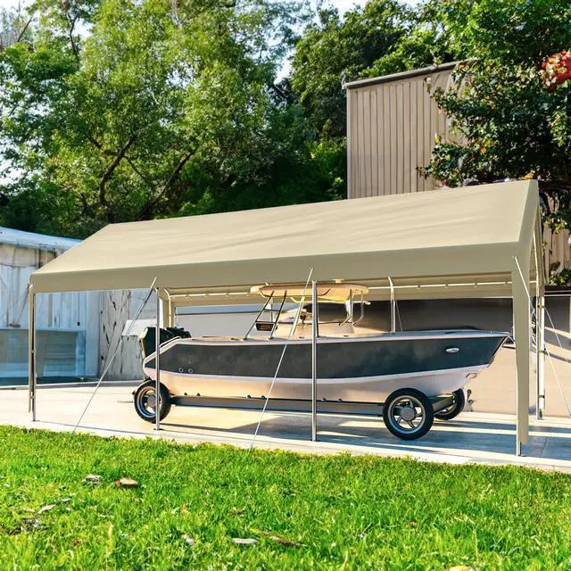 Alt view image 5 of 6 - Carport 10x20 Ft Heavy Duty Canopy Steel Canopy Storage Shed,Portable Garage Party Tent,Portable Garage with Removable Sidewalls & Doors All-Season Tarp for Carport (Beige)