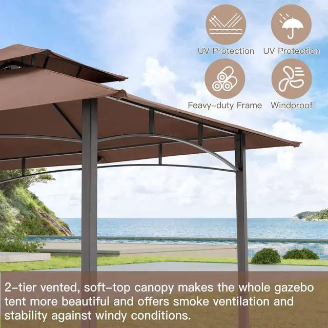 Alt view image 2 of 6 - 8' x 5' Outdoor Grill Gazebo Canopy, BBQ Canopy for Outdoor Grill, 2- Tier BBQ Grill Gazebo Shelter for Patio, Backyard and More (Brown)