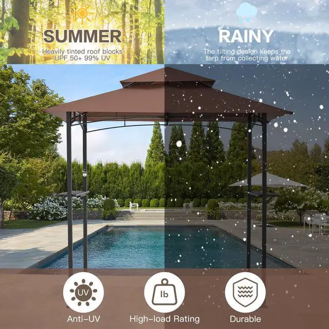 Alt view image 3 of 6 - 8' x 5' Outdoor Grill Gazebo Canopy, BBQ Canopy for Outdoor Grill, 2- Tier BBQ Grill Gazebo Shelter for Patio, Backyard and More (Brown)