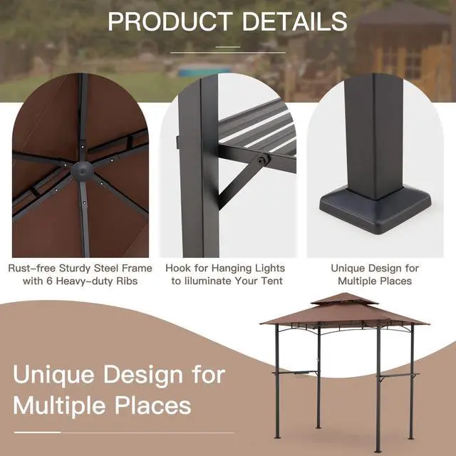 Alt view image 4 of 6 - 8' x 5' Outdoor Grill Gazebo Canopy, BBQ Canopy for Outdoor Grill, 2- Tier BBQ Grill Gazebo Shelter for Patio, Backyard and More (Brown)