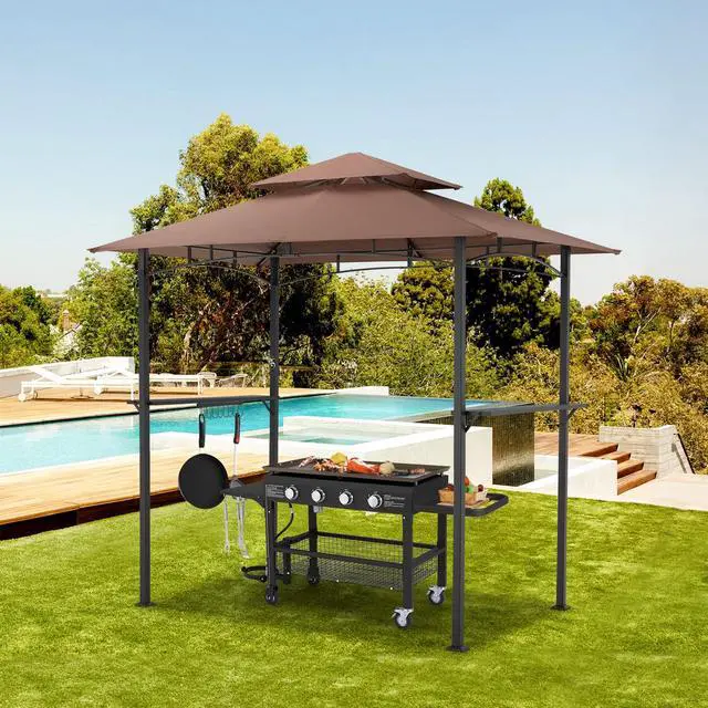 Alt view image 5 of 6 - 8' x 5' Outdoor Grill Gazebo Canopy, BBQ Canopy for Outdoor Grill, 2- Tier BBQ Grill Gazebo Shelter for Patio, Backyard and More (Brown)