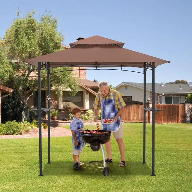 Alt view image 6 of 6 - 8' x 5' Outdoor Grill Gazebo Canopy, BBQ Canopy for Outdoor Grill, 2- Tier BBQ Grill Gazebo Shelter for Patio, Backyard and More (Brown)