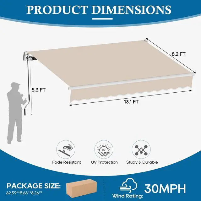 Alt view image 2 of 6 - 13.1'x8.2' Patio Awning Retractable Awning Cover Sunshade Shelter Outdoor Canopy with Crank Handle and Water-Resistant Polyester for Courtyard, Balcony, Shop, Restaurant, Cafe, Deck