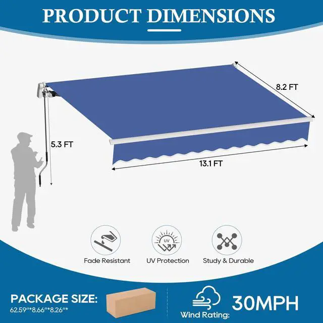 Alt view image 2 of 6 - 13.1'x8.2' Patio Awning Retractable Awning Cover Sunshade Shelter Outdoor Canopy with Crank Handle and Water-Resistant Polyester for Courtyard, Balcony, Shop, Restaurant, Cafe, Deck