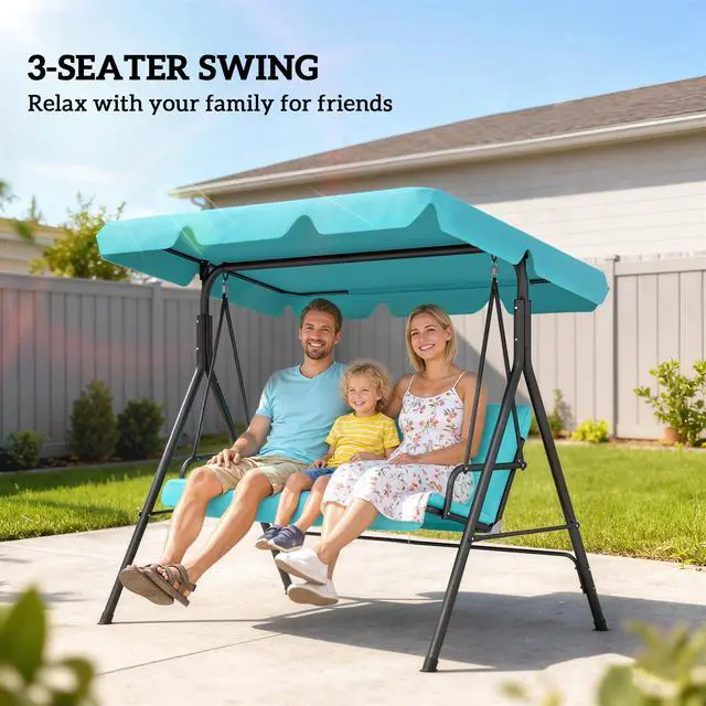 Alt view image 5 of 6 - 3-Seat Outdoor Patio Swing Chair with Removable Cushion, Steel Frame Stand and Adjustable Tilt Canopy for Patio, Garden, Poolside, Balcony, Backyard, Green