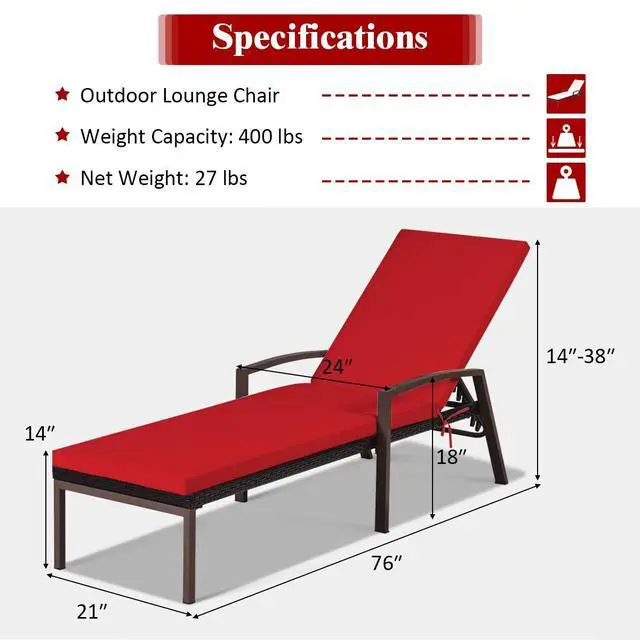 Alt view image 2 of 6 - 2 PCS Patio Rattan Chaise Lounge Chair, Outdoor Reclining Chaise with Cushion and Armrest, Wicker Sun Lounger with Adjustable Backrest for Garden, Balcony, Poolside