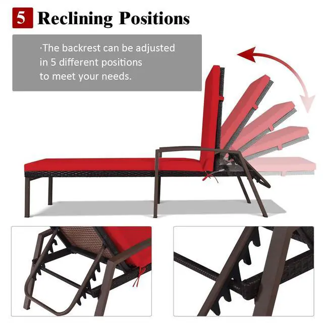 Alt view image 6 of 6 - 2 PCS Patio Rattan Chaise Lounge Chair, Outdoor Reclining Chaise with Cushion and Armrest, Wicker Sun Lounger with Adjustable Backrest for Garden, Balcony, Poolside