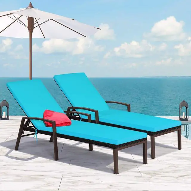 Main image of 2 PCS Patio Rattan Chaise Lounge Chair, Outdoor Reclining Chaise with Cushion and Armrest, Wicker Sun Lounger with Adjustable Backrest for Garden, Balcony, Poolside