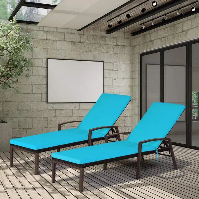 Alt view image 3 of 6 - 2 PCS Patio Rattan Chaise Lounge Chair, Outdoor Reclining Chaise with Cushion and Armrest, Wicker Sun Lounger with Adjustable Backrest for Garden, Balcony, Poolside