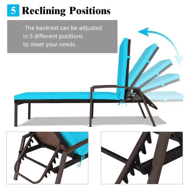 Alt view image 6 of 6 - 2 PCS Patio Rattan Chaise Lounge Chair, Outdoor Reclining Chaise with Cushion and Armrest, Wicker Sun Lounger with Adjustable Backrest for Garden, Balcony, Poolside