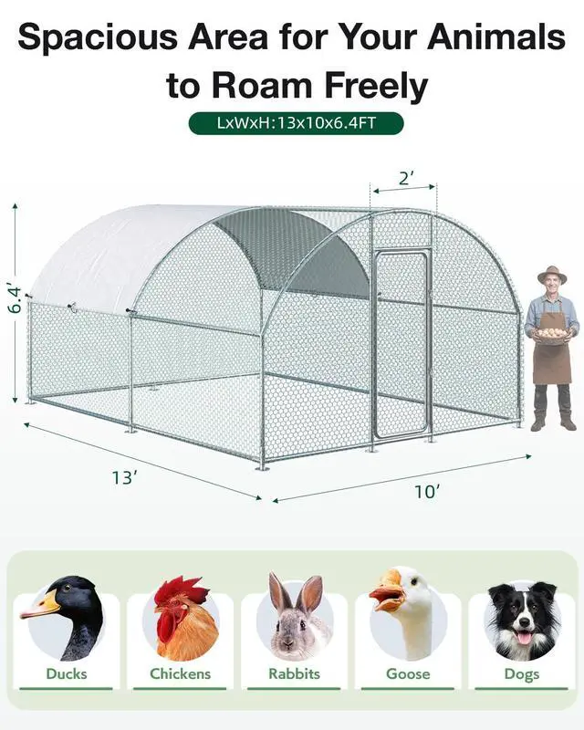 Alt view image 4 of 6 - Metal Chicken Coop Run, 13x10 Ft, Dome Roof | Rust-Resistant Galvanized Steel Tube with Wire Mesh, 420D Oxford Fabric Waterproof Cover