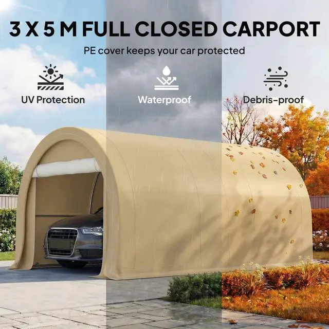 Alt view image 3 of 6 - 10' x 16' Carport, Heavy Duty Portable Garage Storage Tent with Large Zippered Door, Anti-UV PE Canopy Cover for Car, Truck, Boat, Motorcycle, Bike, Garden Tools, Outdoor Work, Beige